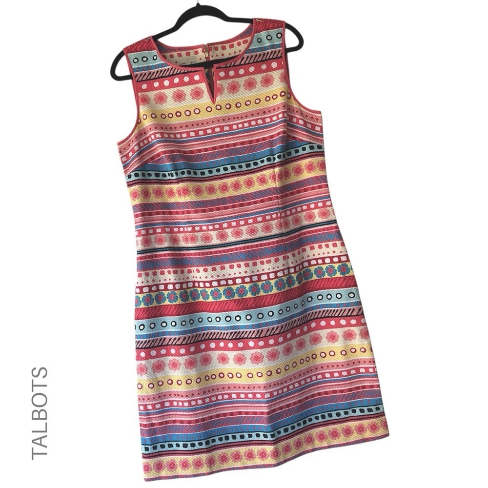 TALBOTS | NWOT COLORFUL STRIPED FLORAL RETRO PRINT SHEATH DRESS TEXTURED SIZE 14